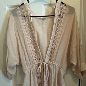 Beige Lace-Trimmed Duster Kimono